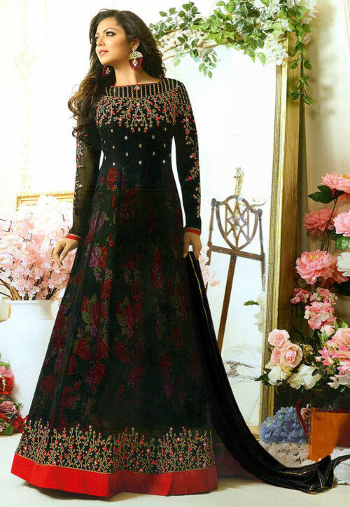 Embroidered Georgette Abaya Style Suit in Black