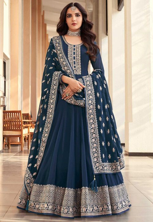 Embroidered Georgette Abaya Style Suit in Teal Blue