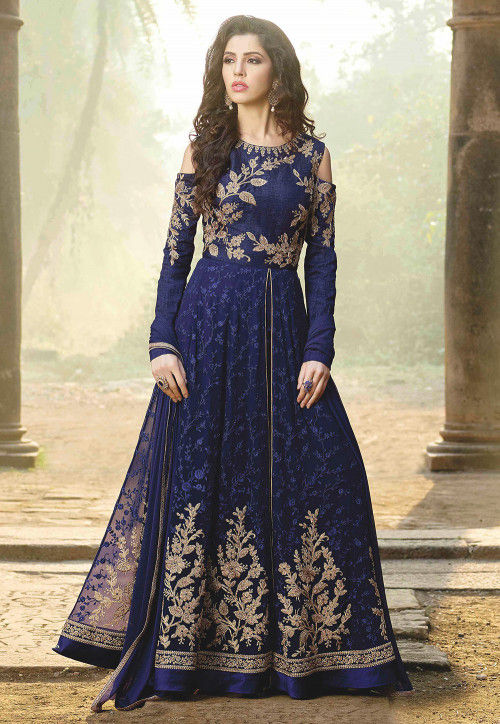 Embroidered georgette abaya style suit shop in navy blue
