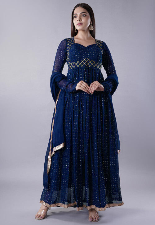 Embroidered Georgette Abaya Style Suit in Blue