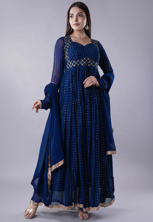 Embroidered Georgette Abaya Style Suit in Blue