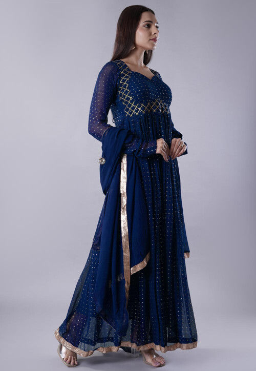 Embroidered Georgette Abaya Style Suit in Blue