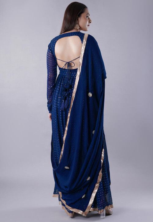 Embroidered Georgette Abaya Style Suit in Blue
