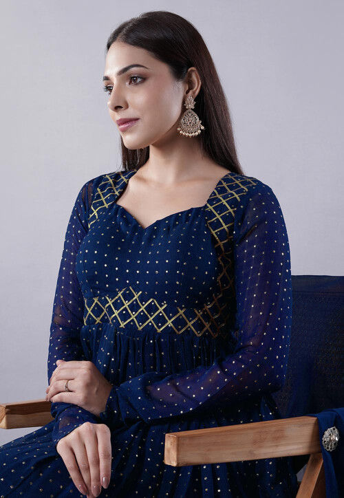 Embroidered Georgette Abaya Style Suit in Blue