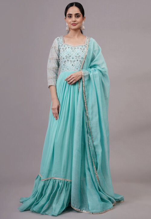 Embroidered Georgette Abaya Style Suit in Blue