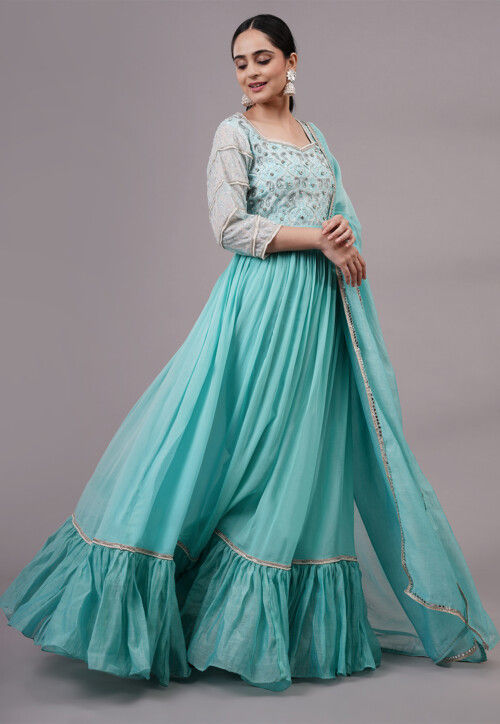 Embroidered Georgette Abaya Style Suit in Blue