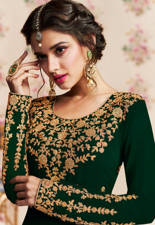 Embroidered Georgette Abaya Style Suit in Dark Green : KCH3210