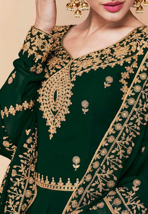 Embroidered Georgette Abaya Style Suit in Dark Green : KCH3273