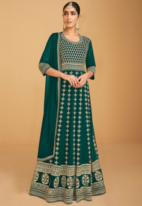Embroidered Georgette Abaya Style Suit in Dark Green : KCH8775