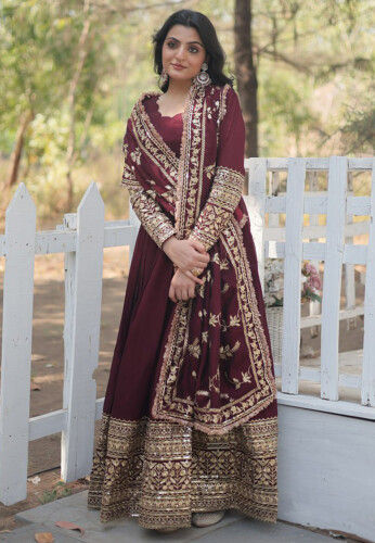 Embroidered Georgette Abaya Style Suit in Dark Maroon