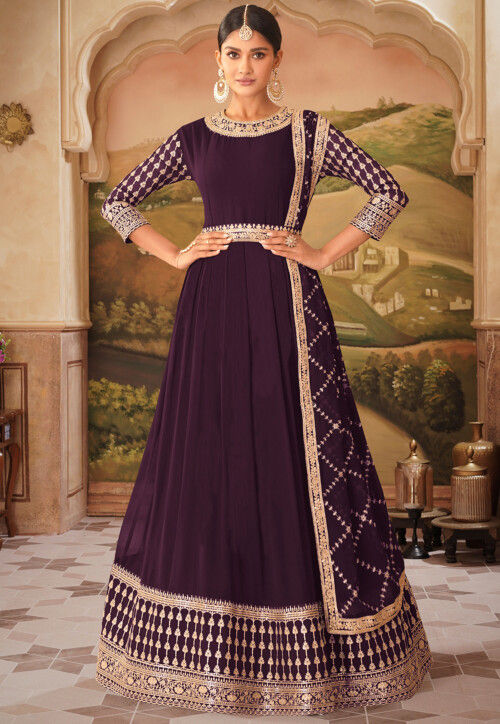 Embroidered Georgette Abaya Style Suit in Dark Purple