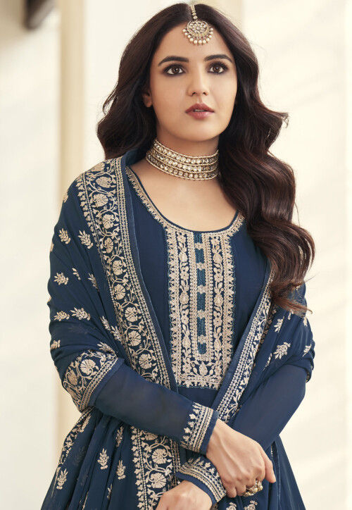 Embroidered Georgette Abaya Style Suit in Dusty Blue