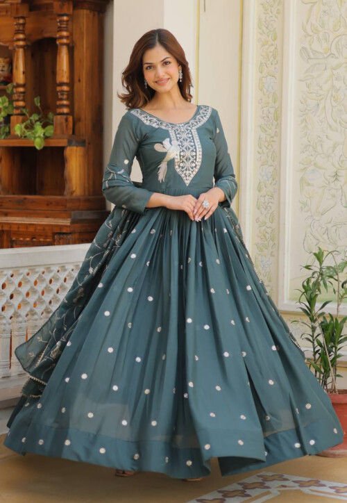 Embroidered Georgette Abaya Style Suit in Dusty Green