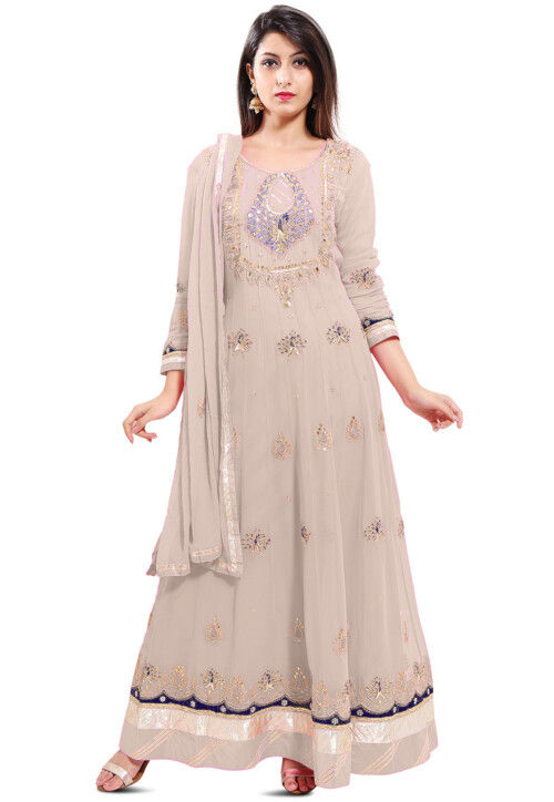 Embroidered Georgette Abaya Style Suit in Fawn