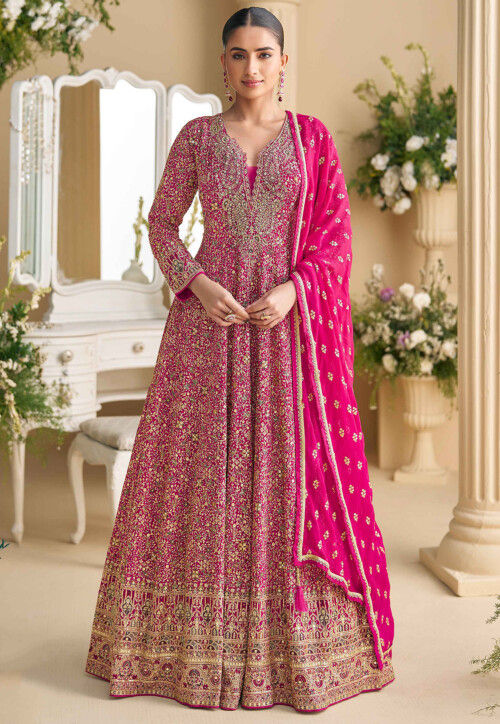 Embroidered Georgette Abaya Style Suit in Fuchsia