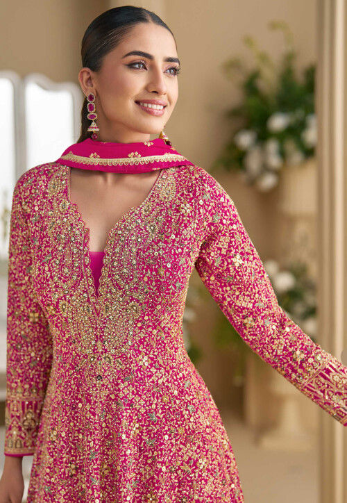 Embroidered Georgette Abaya Style Suit in Fuchsia
