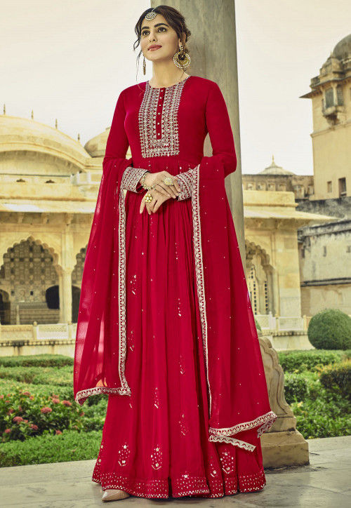 Embroidered Georgette Abaya Style Suit in Fuchsia : KCH7138