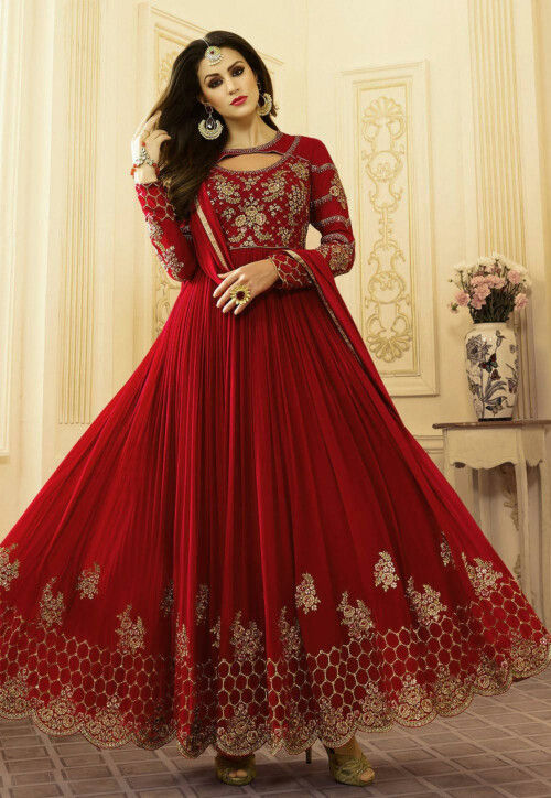 Embroidered Georgette Abaya Style Suit in Fuchsia