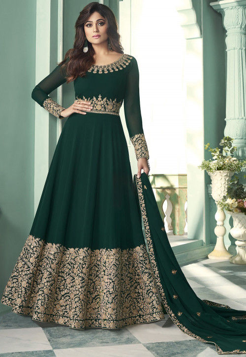 Embroidered Georgette Abaya Style Suit in Green : KCH6326