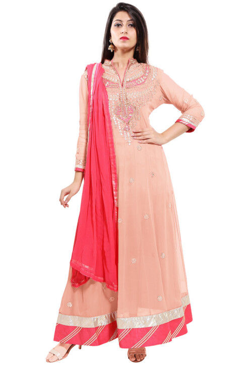 Embroidered Georgette Abaya Style Suit in Light Beige