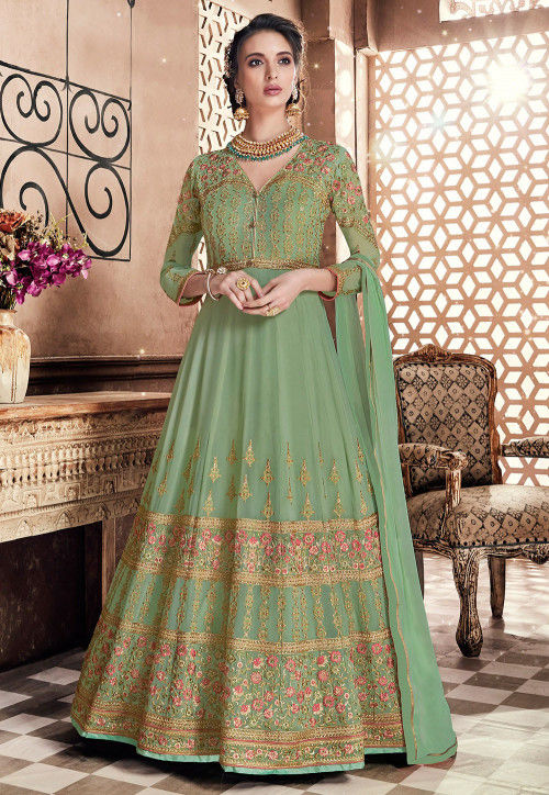 Embroidered Georgette Abaya Style Suit in Light Green : KCH2556