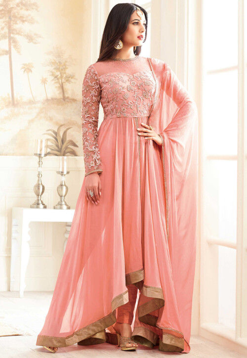 Embroidered Georgette Abaya Style Suit in Light Peach