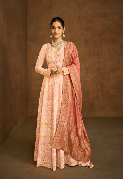 Embroidered Georgette Abaya Style Suit in Light Peach