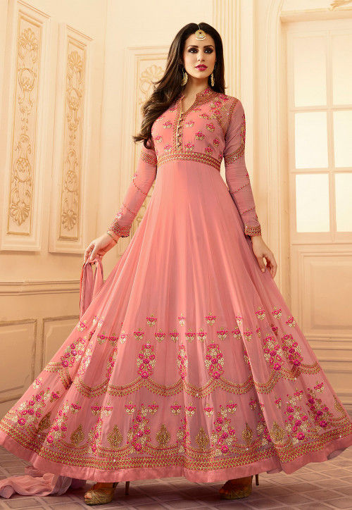 Embroidered Georgette Abaya Style Suit in Light Peach