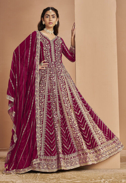 Embroidered Georgette Abaya Style Suit in Magenta