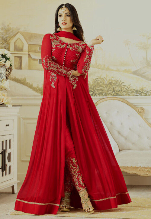 Embroidered Georgette Abaya Style Suit in Fuchsia : KCH574