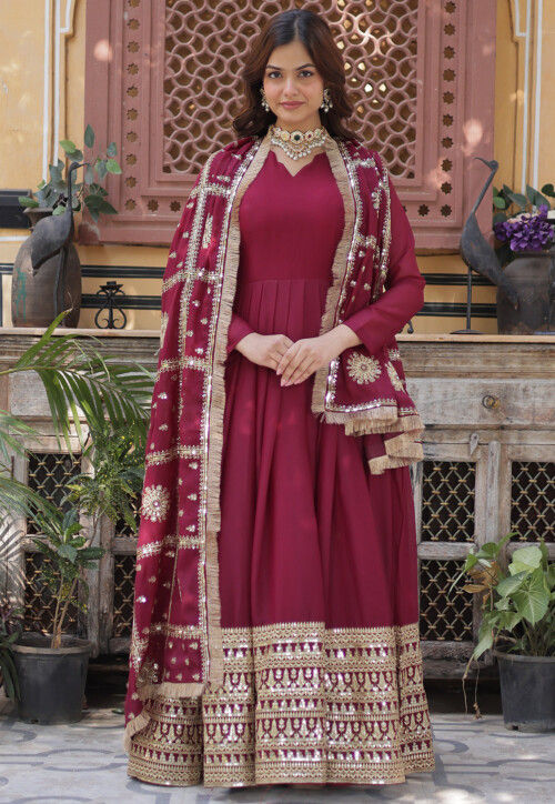 Embroidered Georgette Abaya Style Suit in Maroon