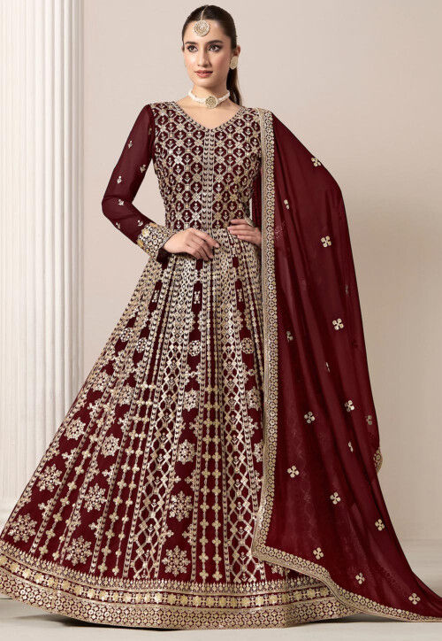 Embroidered Georgette Abaya Style Suit in Maroon