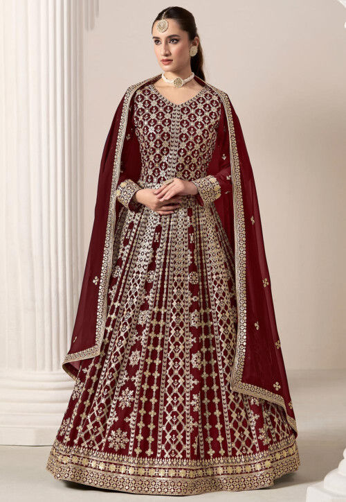 Embroidered Georgette Abaya Style Suit in Maroon