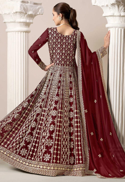Embroidered Georgette Abaya Style Suit in Maroon