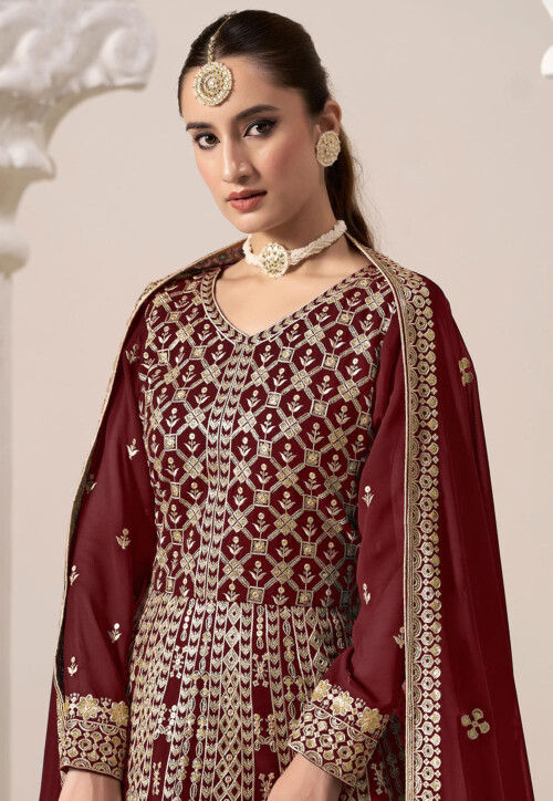 Embroidered Georgette Abaya Style Suit in Maroon