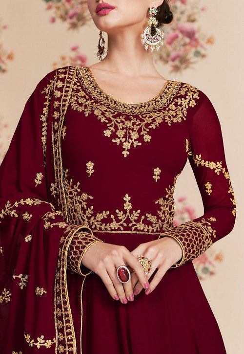 Embroidered Georgette Abaya Style Suit in Maroon : KCH3270