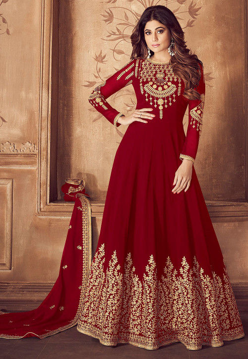 Embroidered Georgette Abaya Style Suit in Maroon : KCH5307