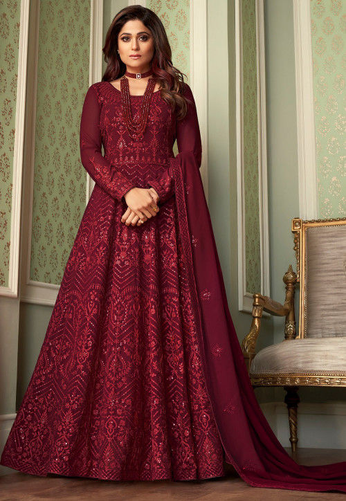 Embroidered Georgette Abaya Style Suit in Maroon : KCH6213