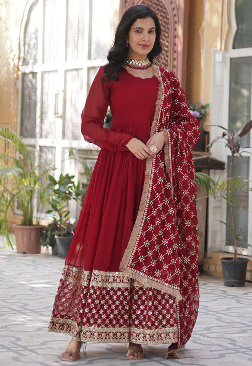 Embroidered Georgette Abaya Style Suit in Maroon