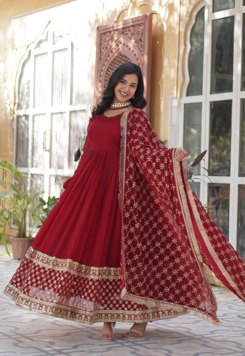 Embroidered Georgette Abaya Style Suit in Maroon