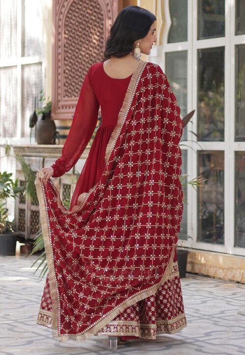 Embroidered Georgette Abaya Style Suit in Maroon