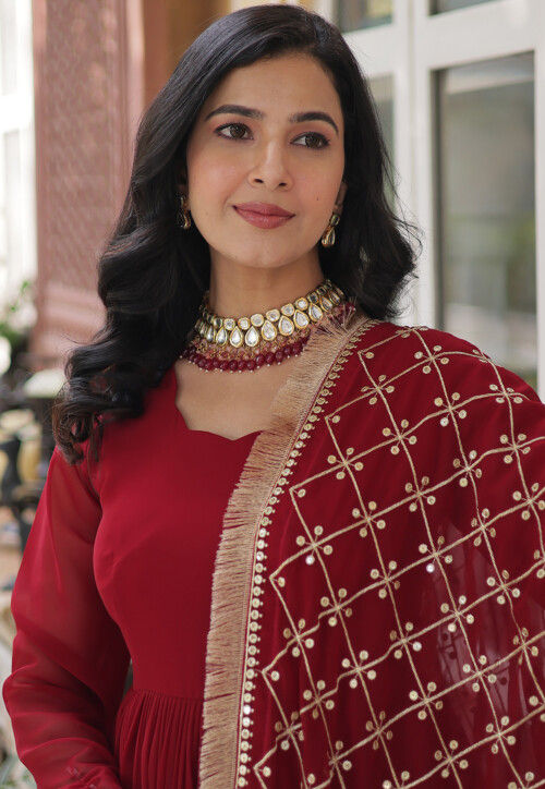 Embroidered Georgette Abaya Style Suit in Maroon