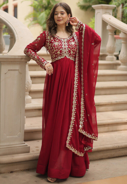 Embroidered Georgette Abaya Style Suit in Maroon