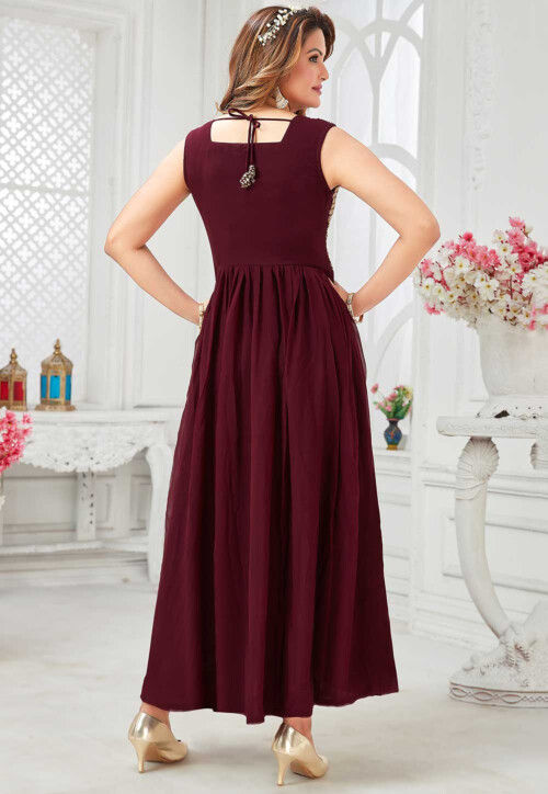 Embroidered Georgette Abaya Style Suit in Maroon