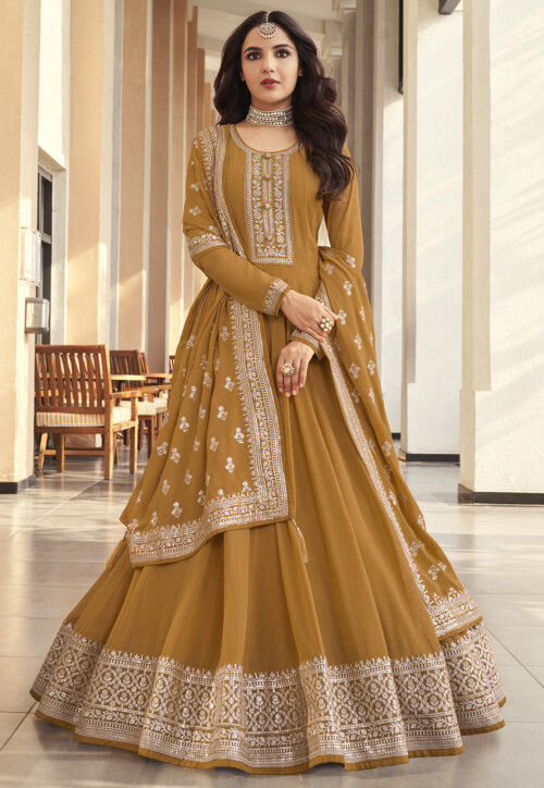 Embroidered Georgette Abaya Style Suit in Mustard