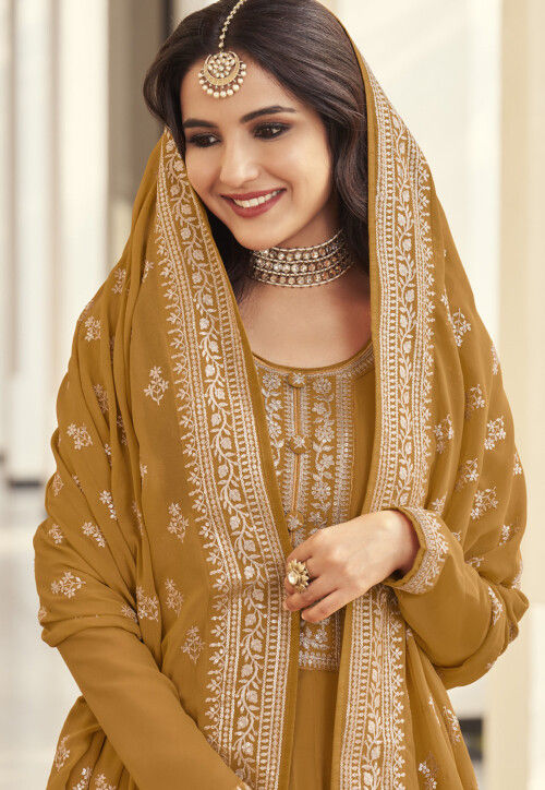 Embroidered Georgette Abaya Style Suit in Mustard
