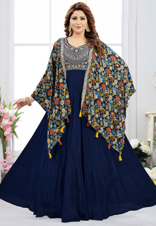 Embroidered Georgette Abaya Style Suit in Navy Blue