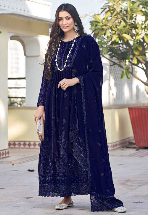Embroidered Georgette Abaya Style Suit in Navy Blue