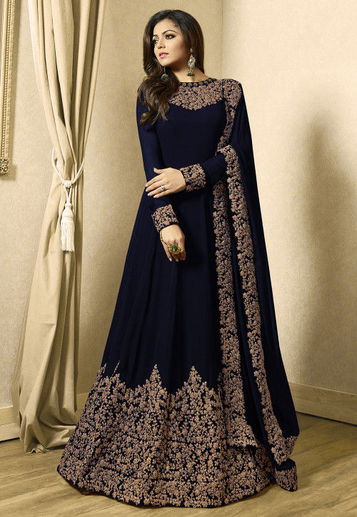 Embroidered Georgette Abaya Style Suit In Navy Blue Kch1588
