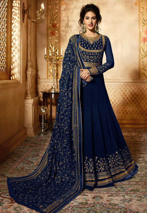 Buy Embroidered Georgette Abaya Style Suit in Navy Blue Online ...